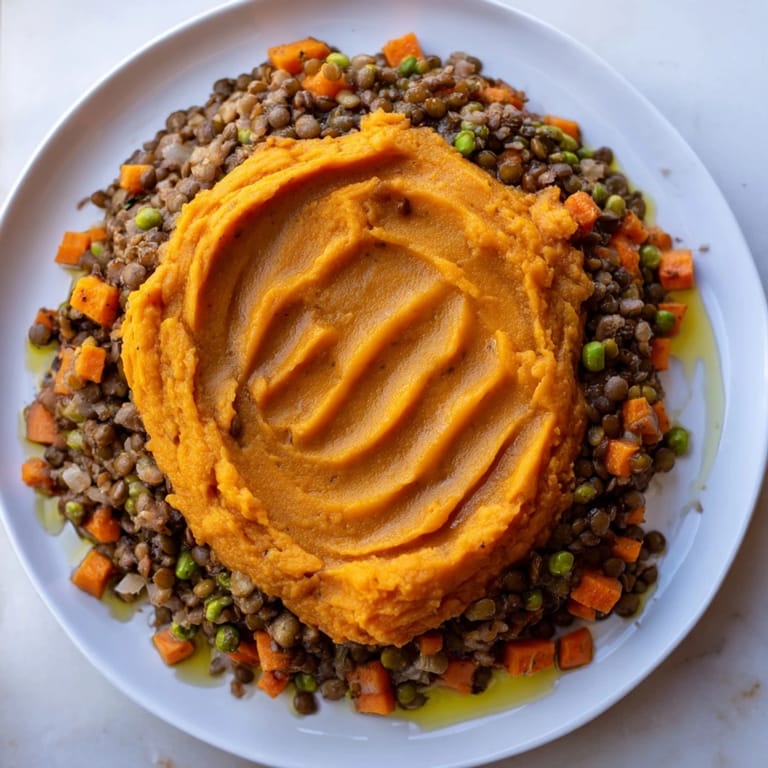 Warm and hearty, this Veggie Shepherds Pie features a creamy sweet potato mash topping.