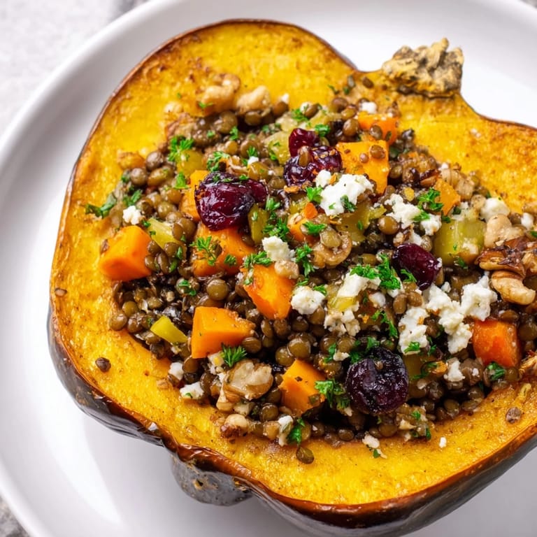 Festive Lentil & Walnut Stuffed Acorn Squash, a vegetarian delight, garnished with parsley and feta.