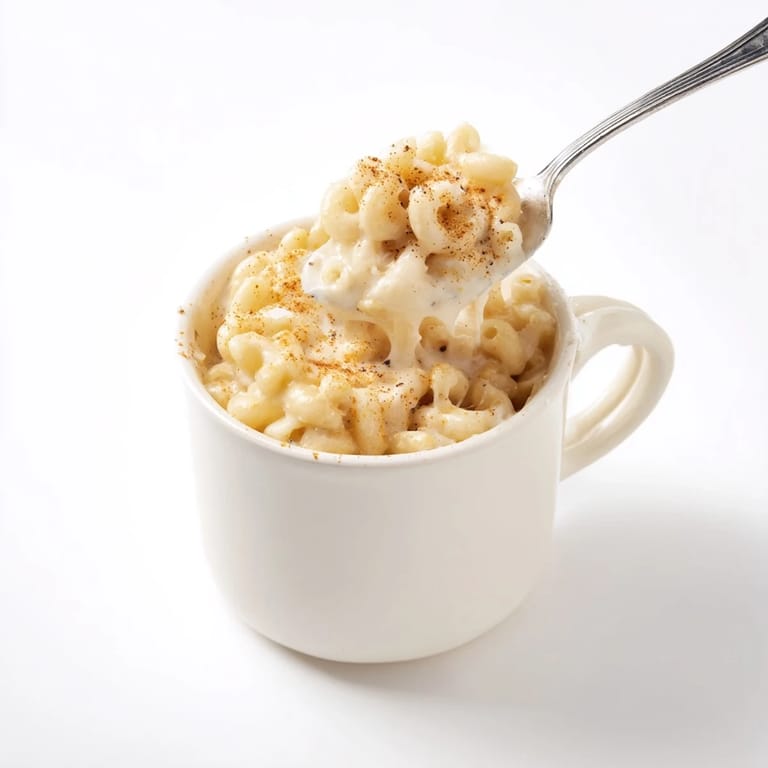 Homemade mug mac and cheese, sprinkled with Parmesan, offering comforting, cheesy deliciousness.