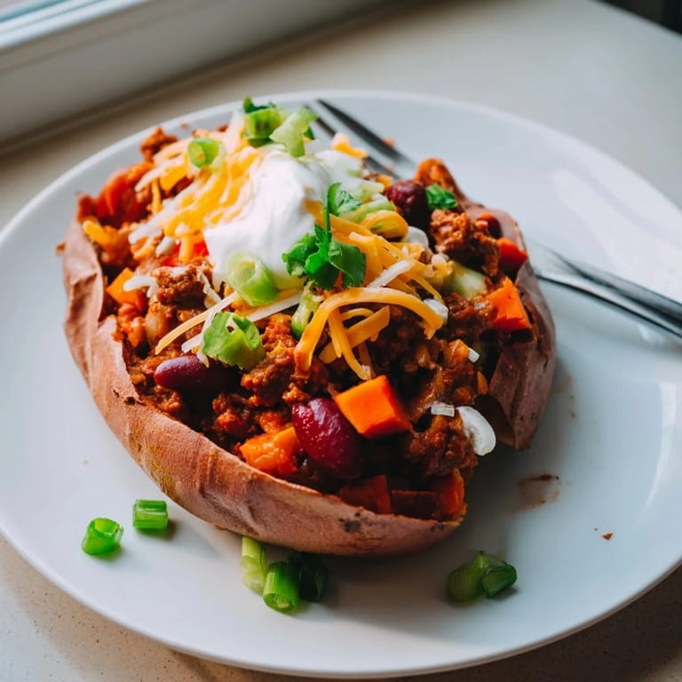 Imagine the rich aroma of this hearty Baked Sweet Potato Stuffed with Chili, perfect for dinner!