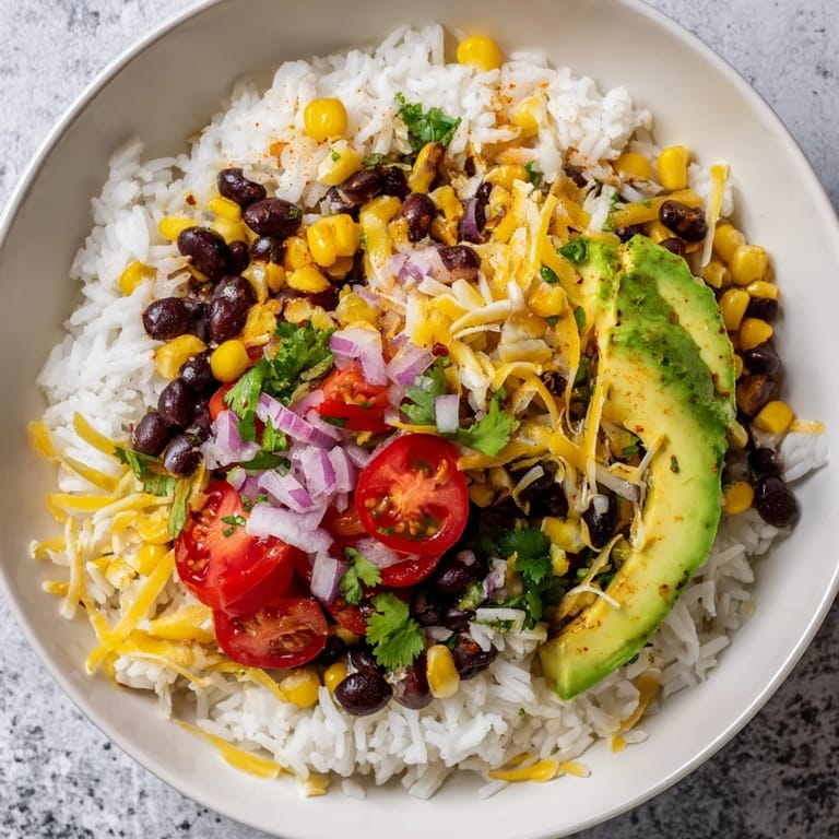 Fresh cilantro and juicy tomatoes top a hearty Rice, Bean, and Corn Burrito Bowl with a zesty lime wedge.