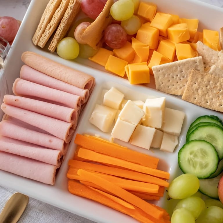 Picture of a DIY Lunchables tray overflowing with fresh ingredients for a quick, yummy snack.