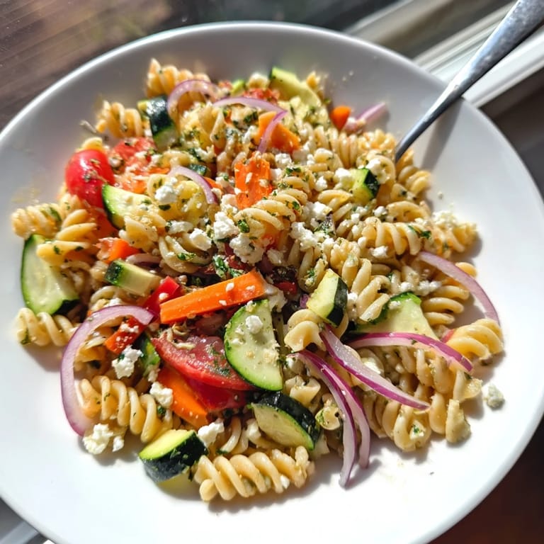Chilled Pasta Salad with Seasonal Veggies, perfect for a picnic, drizzled with a simple dressing.