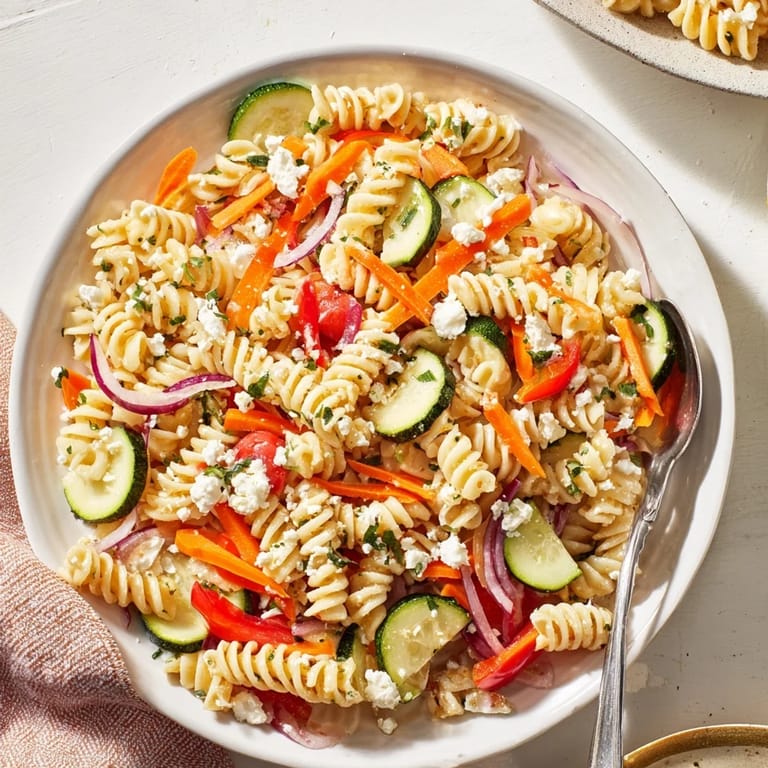 A close-up shot of a refreshing Pasta Salad, showcasing the mixed seasonal vegetables and pasta.