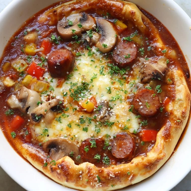 A close-up shot of Pizza Pot Pie Soup, showcasing creamy cheese and savory, simmering tomato broth.