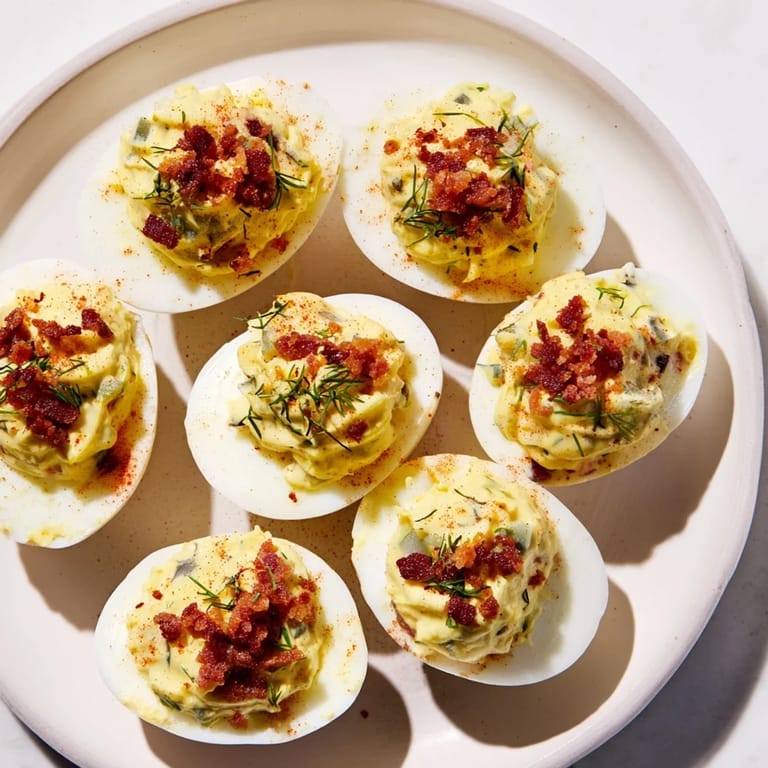 Close-up of savory loaded deviled eggs: bacon and herbs over seasoned yolk filling.
