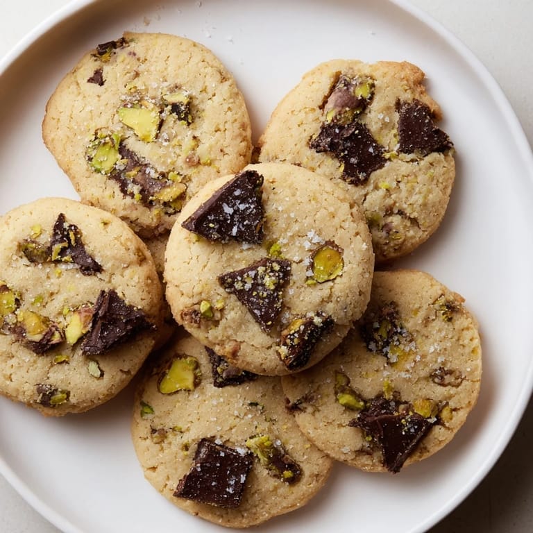 Freshly baked salted pistachio chocolate chunk shortbread, fragrant with vanilla, filled with pistachios and dark chocolate.