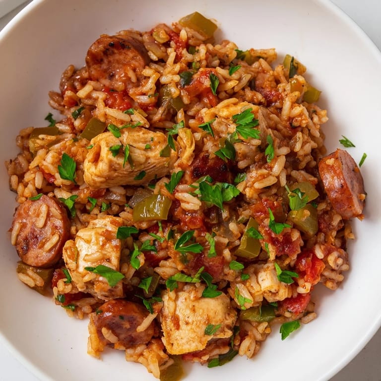 A close-up of a bubbling Simple Chicken and Sausage Jambalaya, ready to serve with fresh parsley garnish.