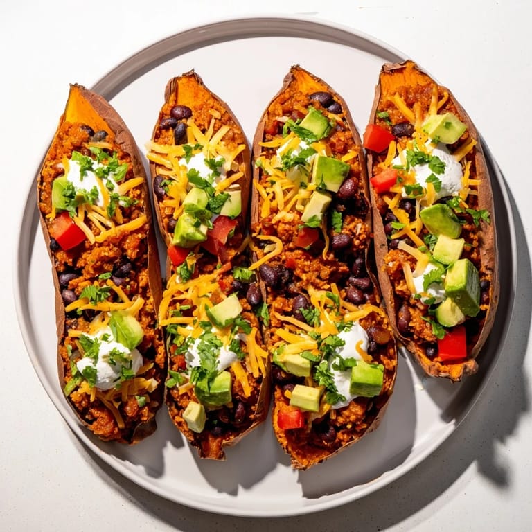 A close-up of a tender Savory Baked Sweet Potato Chili Boat, overflowing with a bean-filled chili.