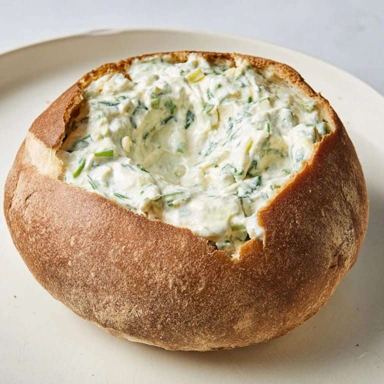 Close-up of The Best Spinach Dip Ever, showing its vibrant green filling and dipping vegetables.