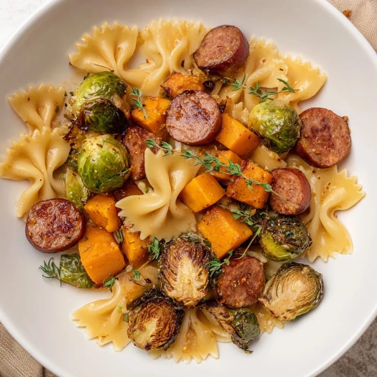 Savory Autumn Sausage Pasta Squash with tender pasta, sausage, and colorful fall vegetables, ready to serve.