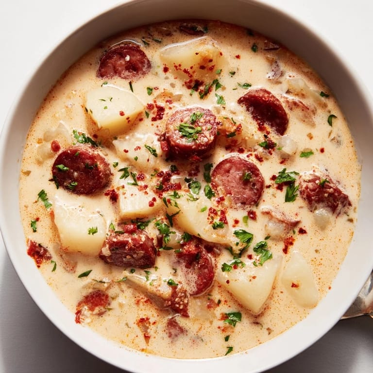 Close-up of a rich, velvety creamy chorizo potato soup, savory and perfectly seasoned with spices.