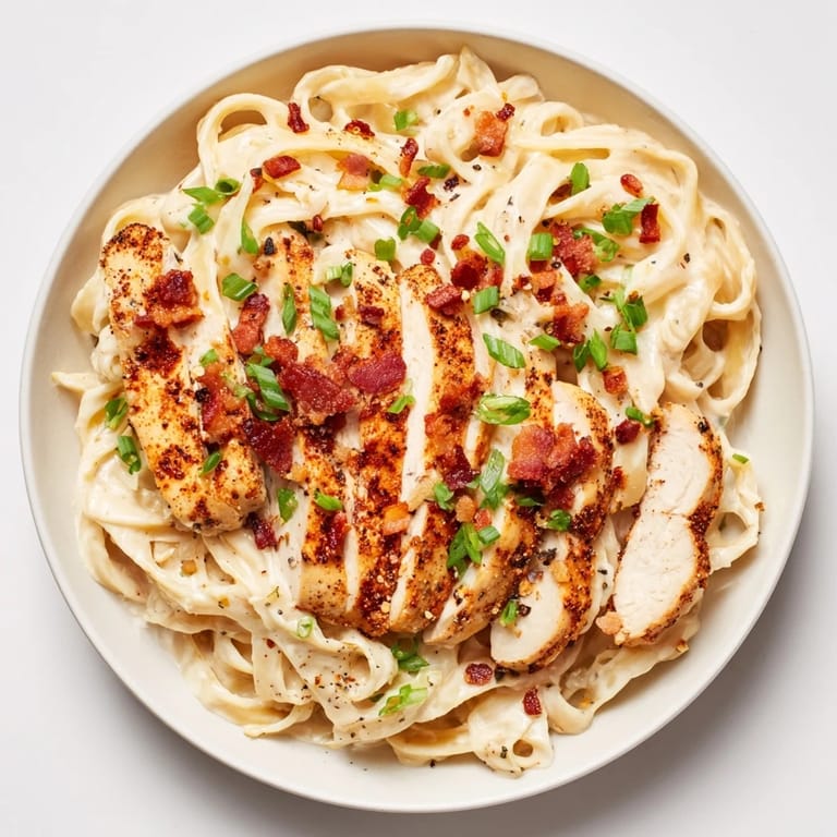 Golden-brown chicken tops the creamy pasta; a Southern Style Creamy Parmesan Chicken Pasta close-up.