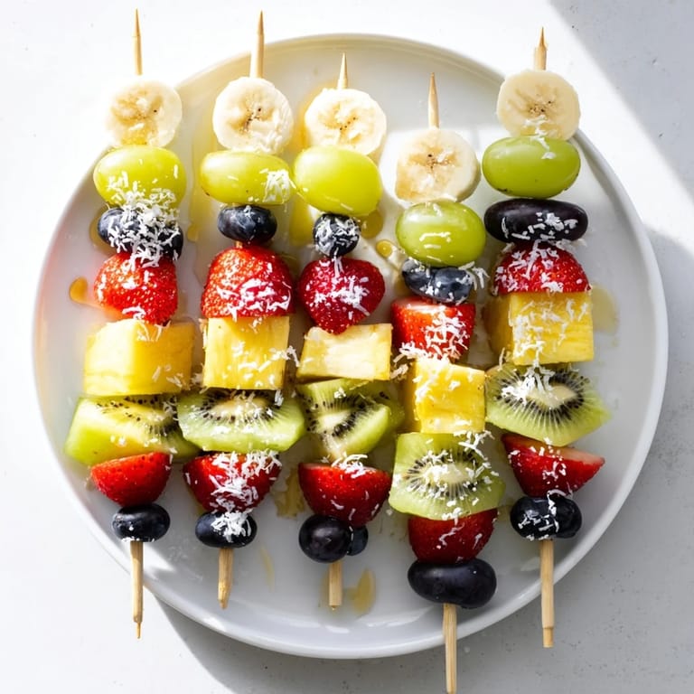 Freshly made Easy Festive Fruit Kabobs, a fun, healthy snack drizzled with honey, perfect for gathering.