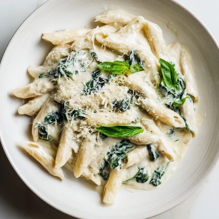 A close-up of the delicious Cottage Cheese Creamy Spinach Pasta, garnished with fresh basil and Parmesan.