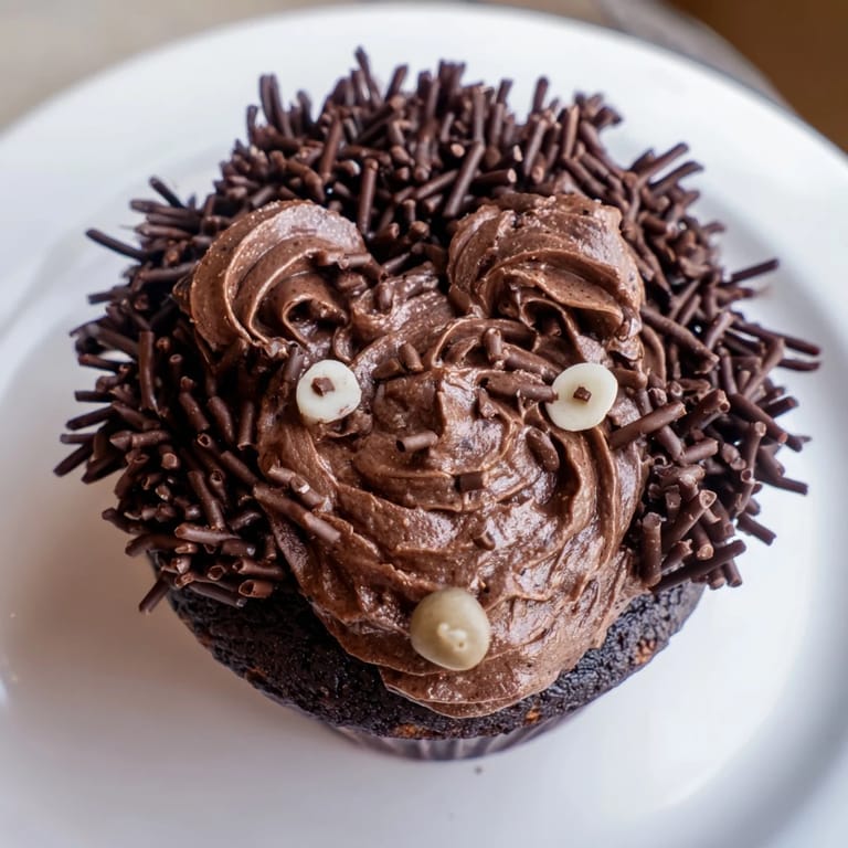 Chocolate covered Hedgehog Cupcakes rise up a tower, sprinkled with chocolate and almond spikes for delightful detail.