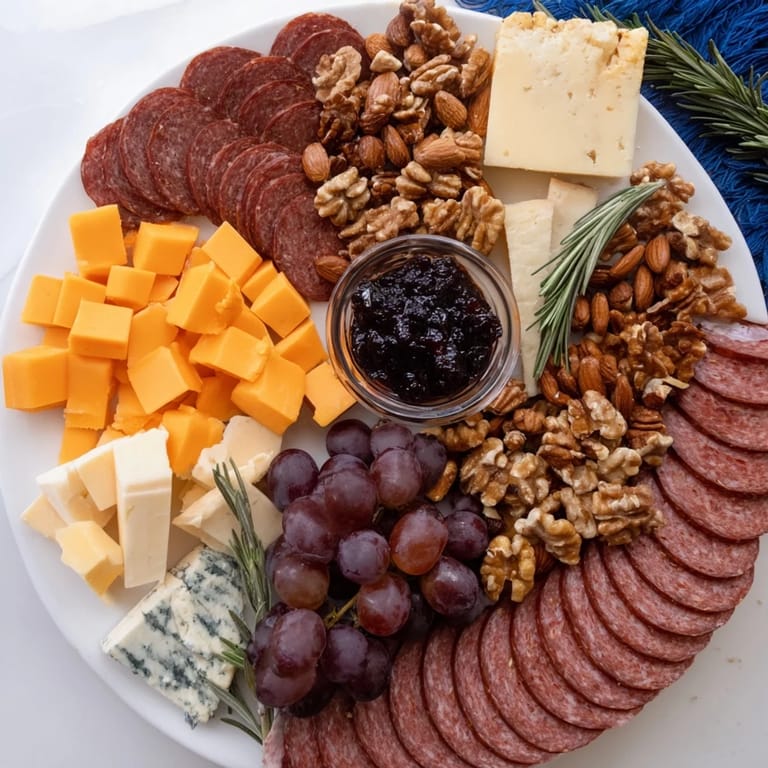 Close-up of a rustic Deer Antler Charcuterie, showcasing sliced meats, nuts, and ripe grapes.