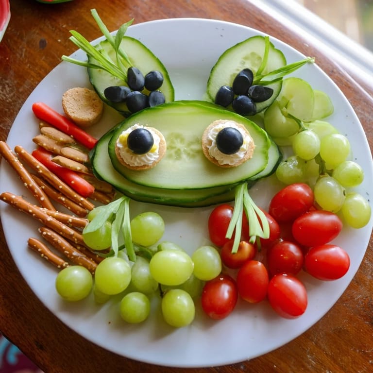 Fun and colorful Frog Pond Snack Tray with mozzarella frog faces, surrounded by fresh fruits and veggies.