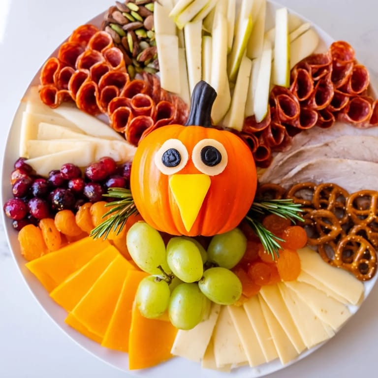 This appetizing Wheat Field Thanksgiving Turkey Board features colorful fruits, cheeses, and crackers for a fall feast.