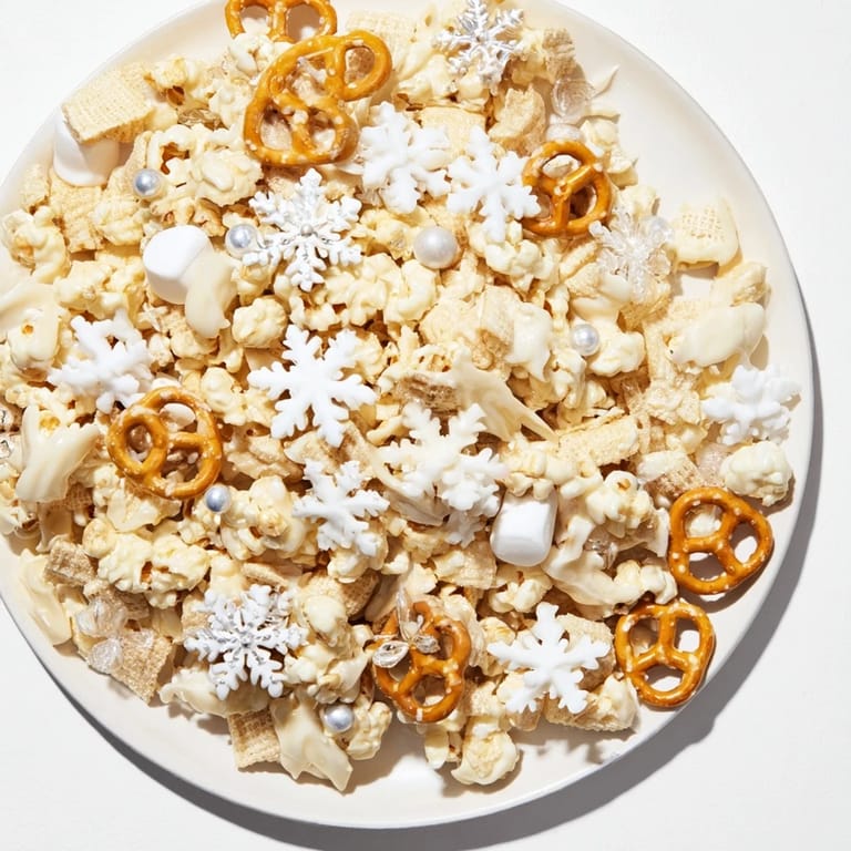 Close-up of the delicious Ski Season Snowflake Snack Mix with snowflake sprinkles, perfect for sharing.