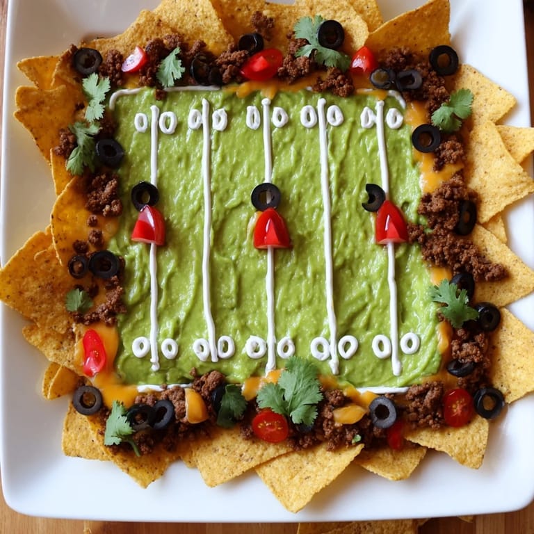 This impressive soccer field nacho platter boasts layers of cheesy nachos, ground beef, and a festive design.