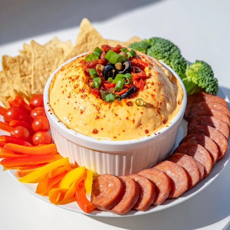 A delicious Lava Flow Volcano Dip, hot and cheesy, perfect for dipping tortilla chips and vegetables into.