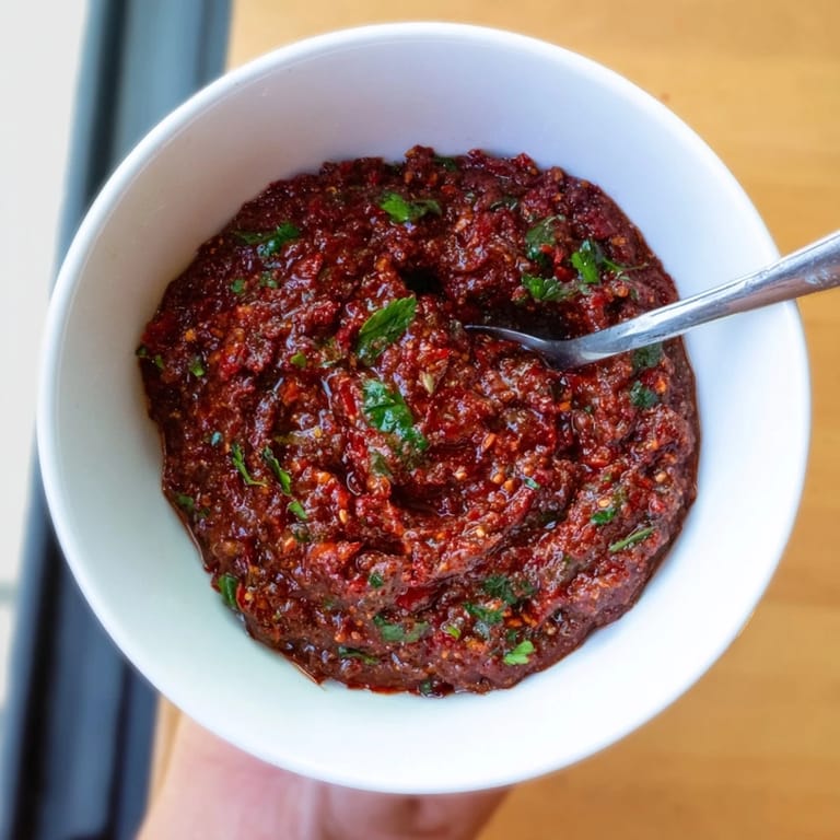 Creamy textured Volcanic Lava Spicy Dip, with a fiery red hue, is perfect with crunchy crackers.