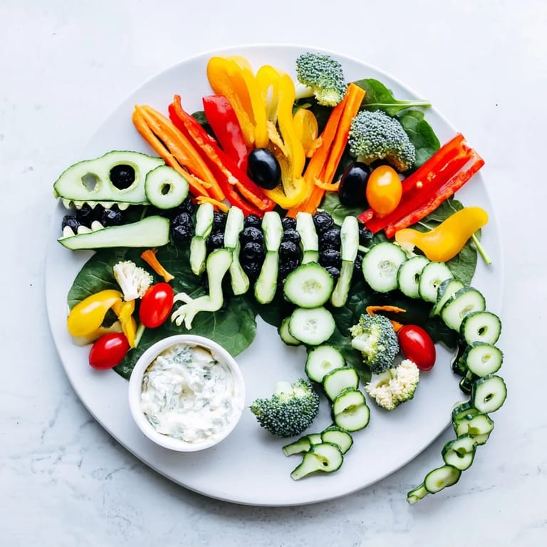 Enjoy a creative and fun T-Rex Fossil Crudités veggie platter with colorful vegetables and delicious dip.