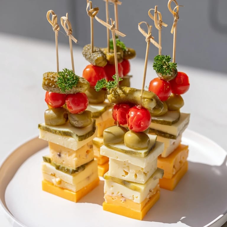 Displaying the easy-to-make Festive Cube Cheese Stack, perfect for a holiday appetizer, with fresh parsley.