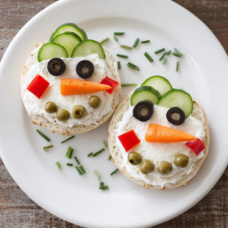 Freshly assembled Snowman Mini Bagel Sandwiches on a plate, showcasing a delightful, snowman-themed lunch creation.
