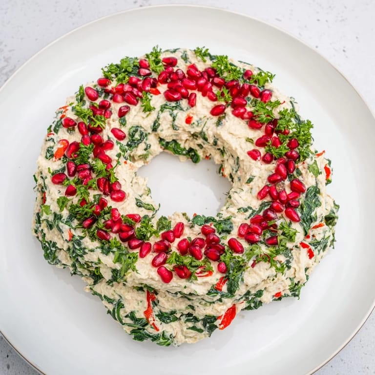 This delicious Red Pepper and Spinach Dip Wreath offers a flavorful, vegetarian appetizer, ideal for festive celebrations.
