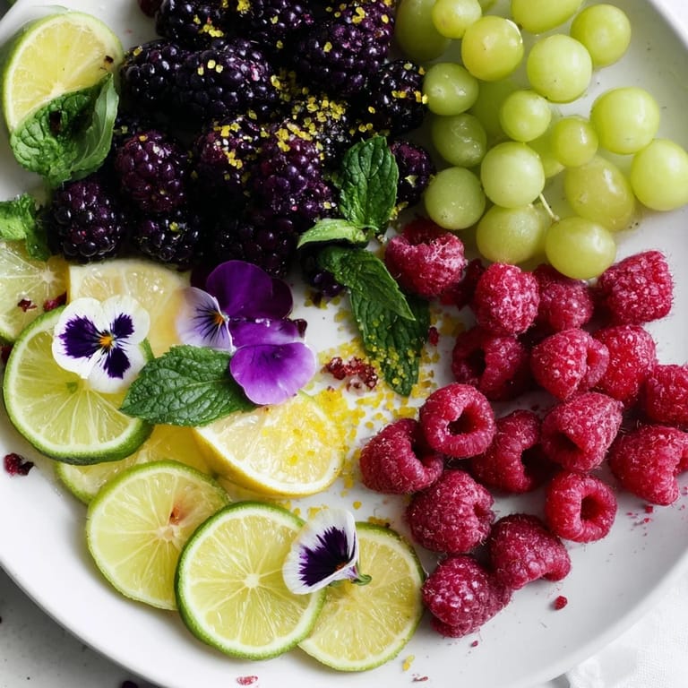 A colorful Bubbly Bar Garnish Platter featuring bright fruits and herbs, perfect for a New Year's Eve gathering.