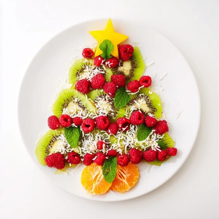 A festive Kiwi and Raspberry Christmas Tree Fruit Plate, perfect for a party, showcases sweet, juicy fruit beautifully arranged.