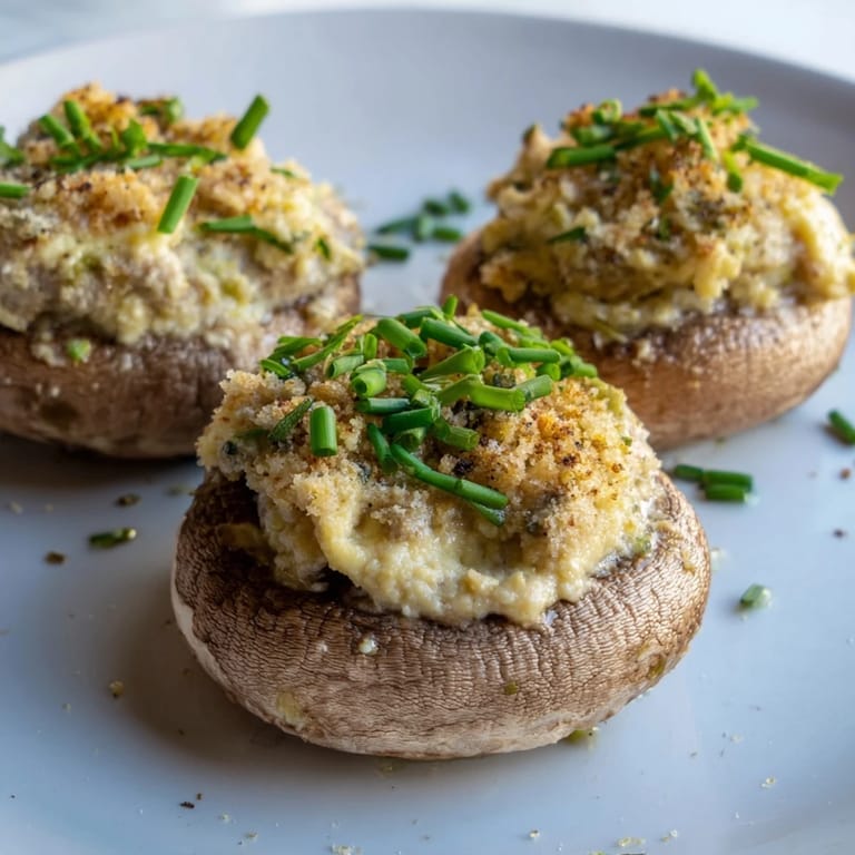 Enjoy savory, cheesy Stuffed Mushroom Caps, baked to perfection with a breadcrumb topping.