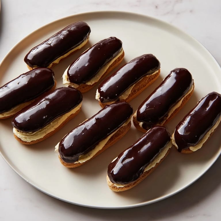 A close-up of sweet mini chocolate éclairs reveals a rich chocolate glaze over pastry cream filling.