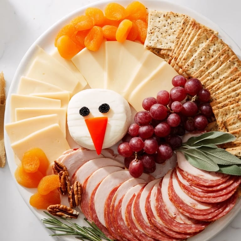 Thanksgiving Turkey Tail Fan appetizer featuring artfully arranged meats and cheeses, ready to serve and enjoy.