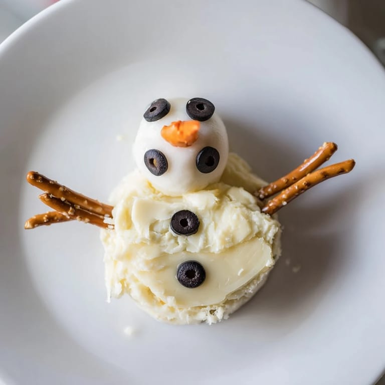 Close-up of freshly made melted snowman cheese bites, a fun, vegetarian appetizer for Christmas or kid's gatherings.