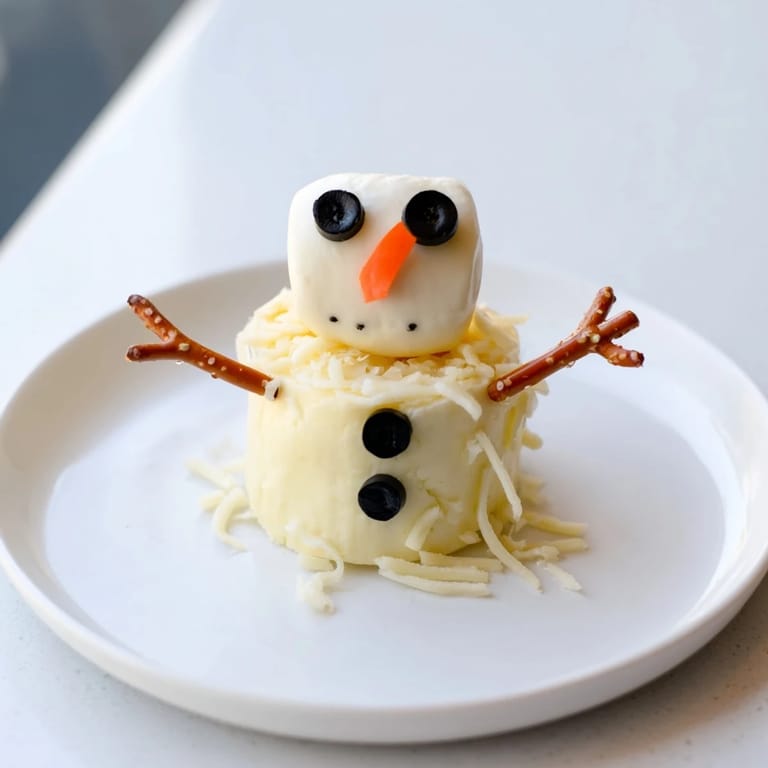 Adorable melted snowman cheese bites appetizer, perfect for festive winter parties with pretzel stick arms on a platter.