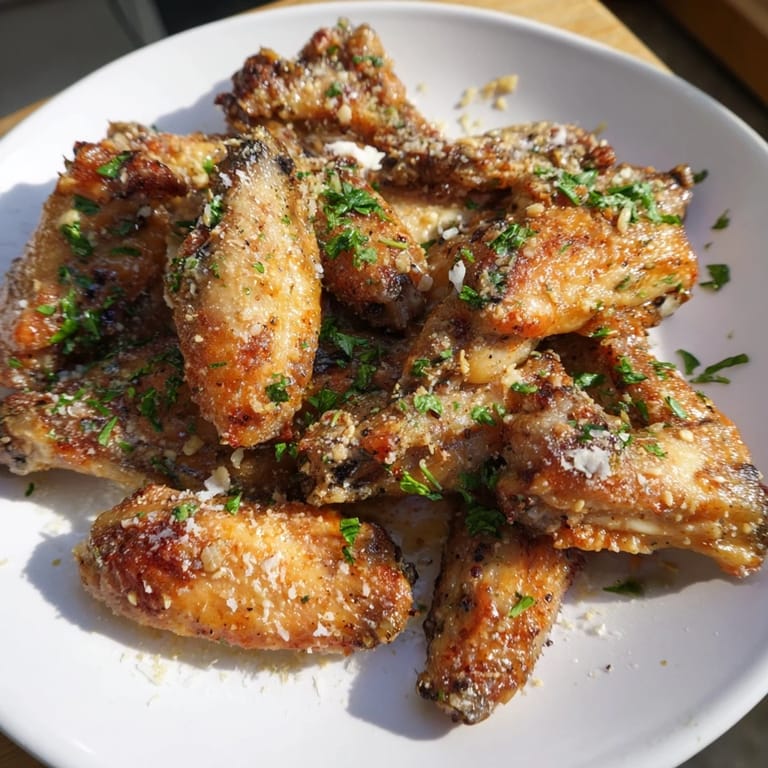 Close-up of perfectly cooked air fryer garlic-Parmesan chicken wings, tossed in a creamy sauce.