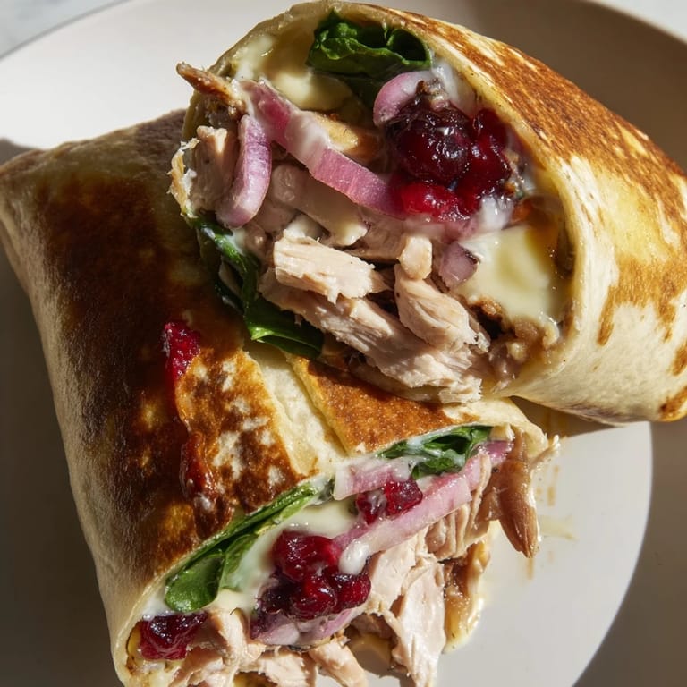 Golden, toasted Chicken and Brie Holiday Wrap, filled with cranberry sauce, ready to eat.