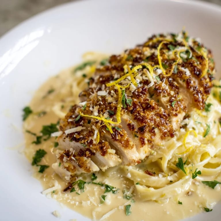 Close-up photo of pasta with Lemon Brûlée Chicken, showcasing the crispy sugar crust.