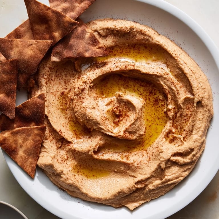 Golden-brown Sahara Dune pita chips surround the smooth, textured hummus, ready to be enjoyed.