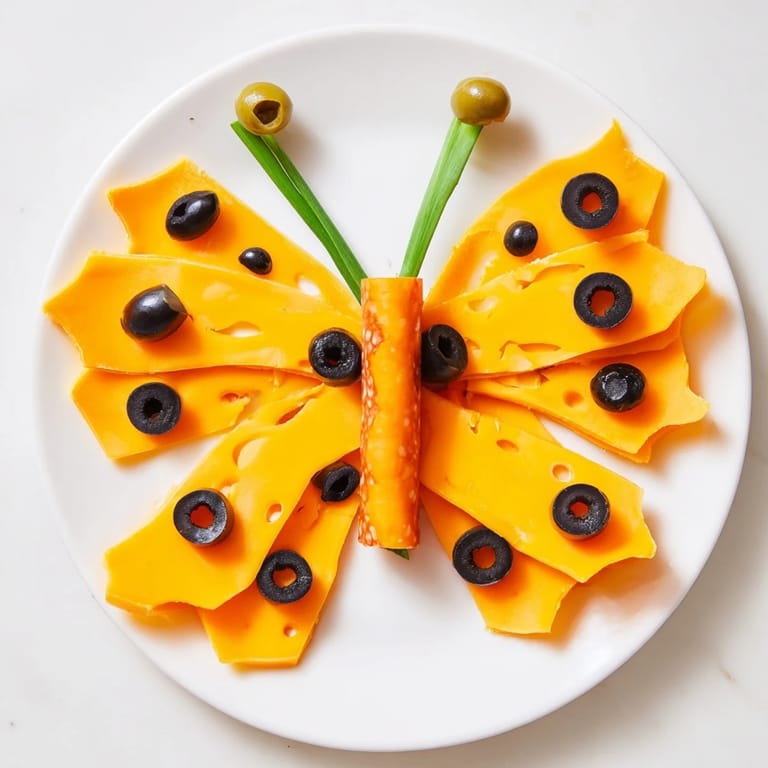 Colorful The Butterfly Migration is an easy party appetizer featuring cheese "wings" and olives for visual fun.