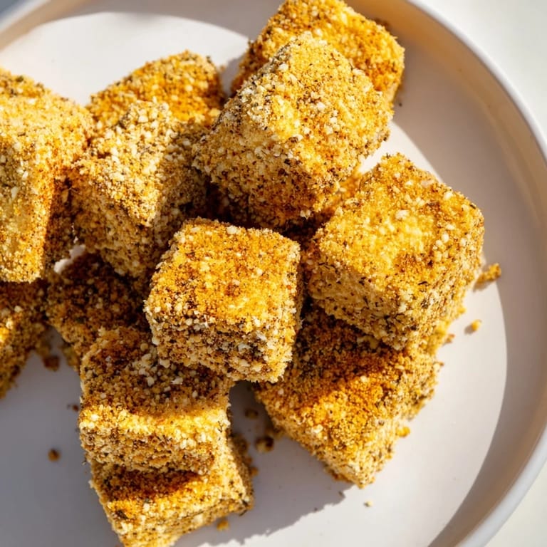 A close-up shot of pan-fried Popcorn Tofu Bites, seasoned and perfectly golden for a satisfying bite.