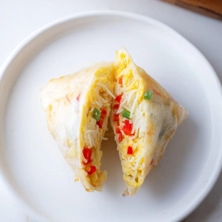 Close-up shot shows a freshly fried Rice Paper Egg Cheese Wrap, folded to reveal oozing cheese and savory egg.