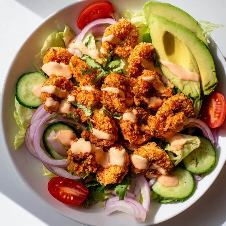 Close-up of a refreshing spicy crispy shrimp salad with bright red tomatoes, crunchy lettuce and perfectly cooked shrimp.