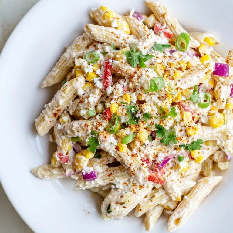 Refreshing and flavorful Mexican Street Corn Pasta salad with visible vegetables and a creamy sauce.