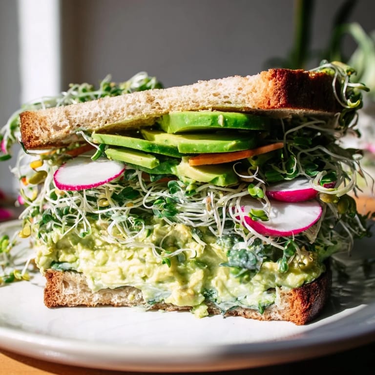 Enjoy a satisfying vegetarian Green Goddess Sandwich, piled high and ready to eat with crisp vegetables.