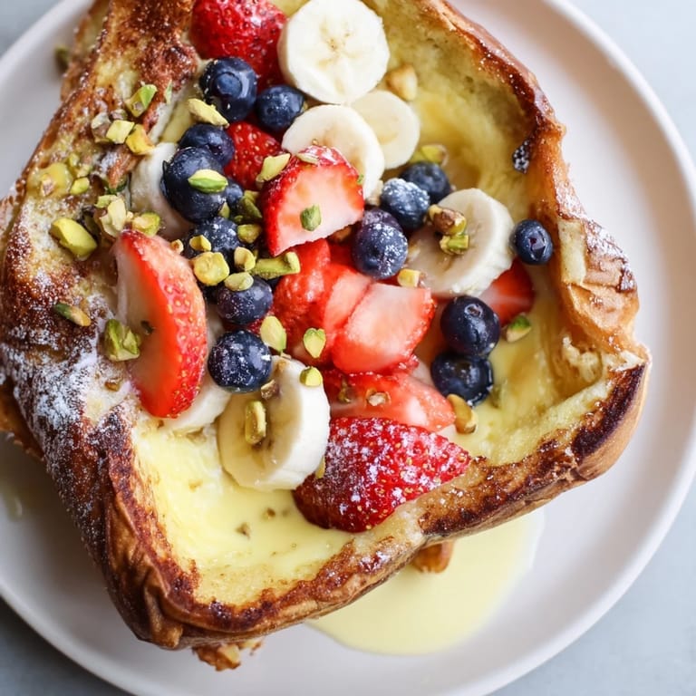 A close-up of beautifully baked Viral Yogurt Toast, highlighting the soft yogurt center and fresh fruit.