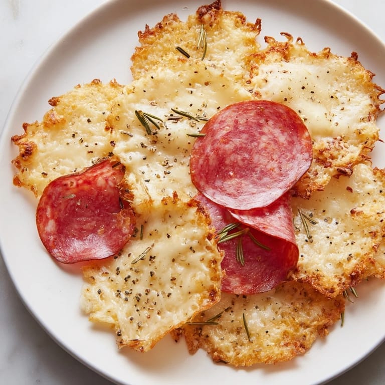 Close-up of crispy, delicious charcuterie chips, featuring flavorful cured meats and melting, golden cheese slices.